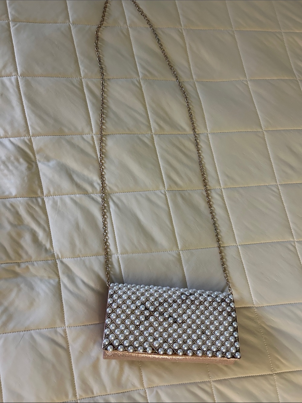 Gunne Sax Pearl-Embellished Clutch with Gold Chain